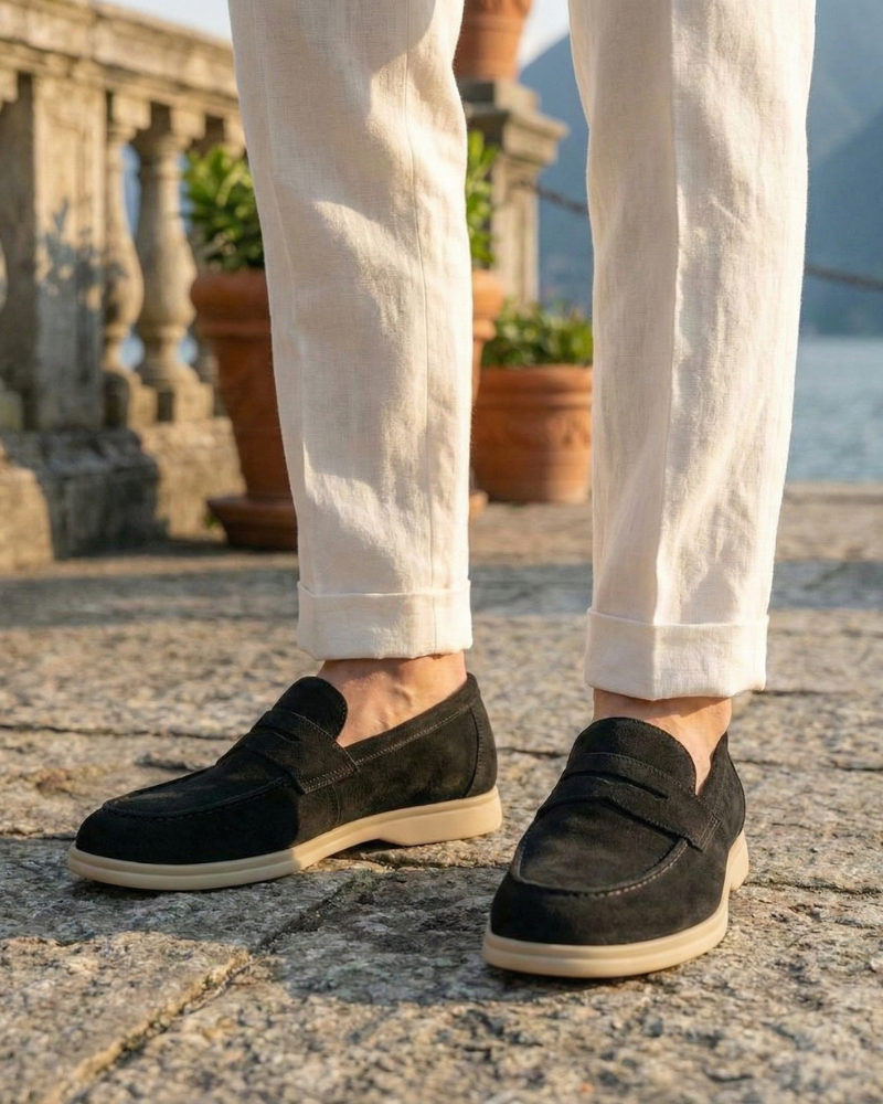 Men’s black leather slip-on loafers styled on feet with tailored trousers