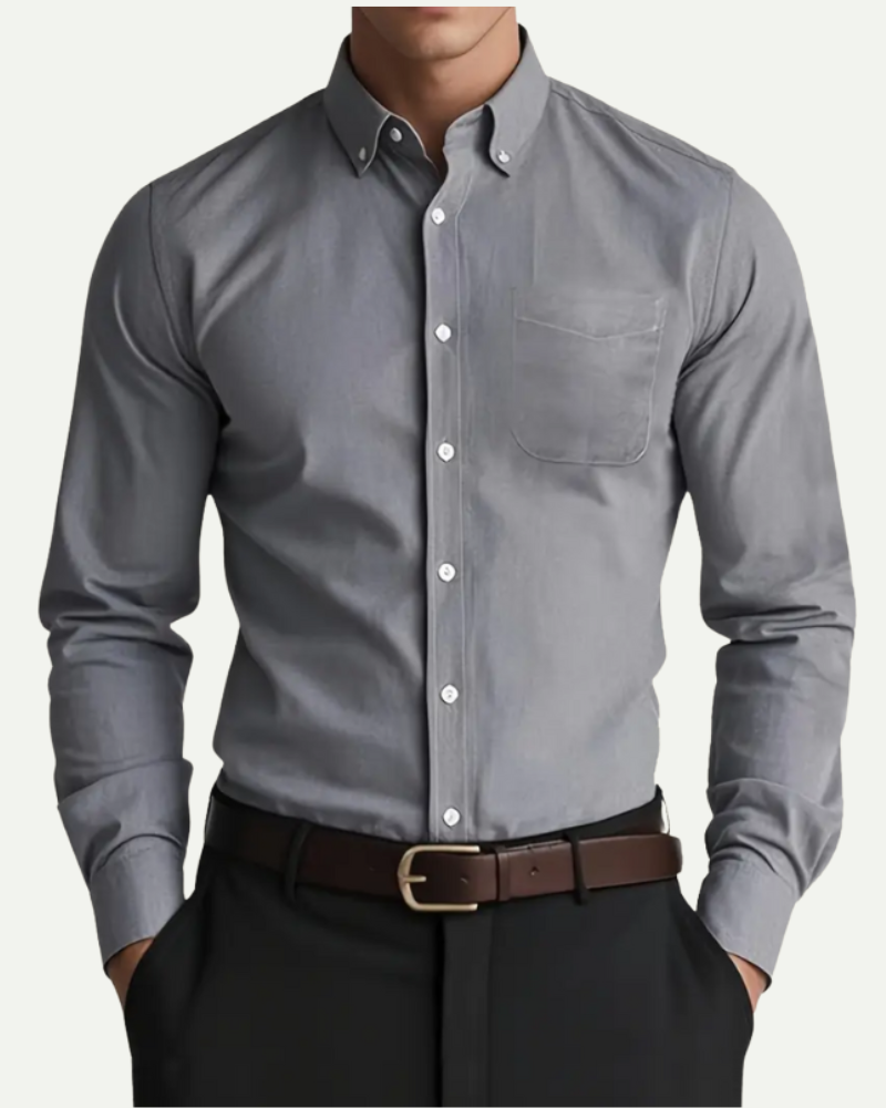 Men’s gray linen button down shirt with stand collar