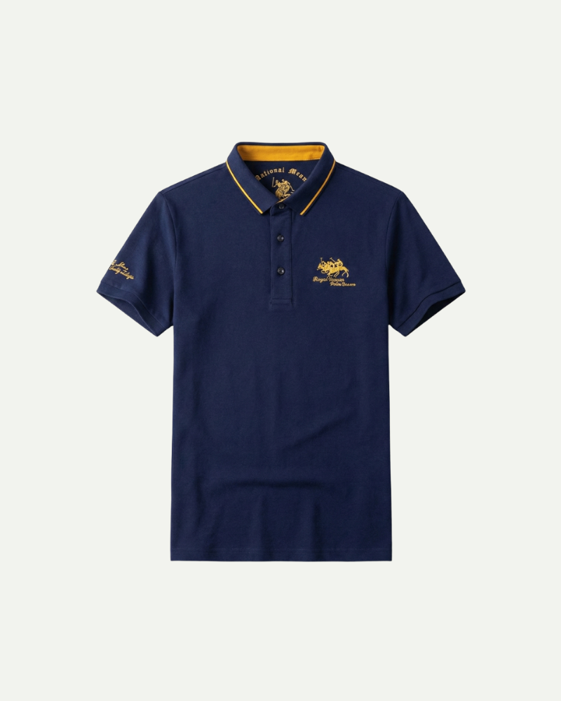 Men’s navy short sleeve embroidered polo shirt with classic collar by Aveloire