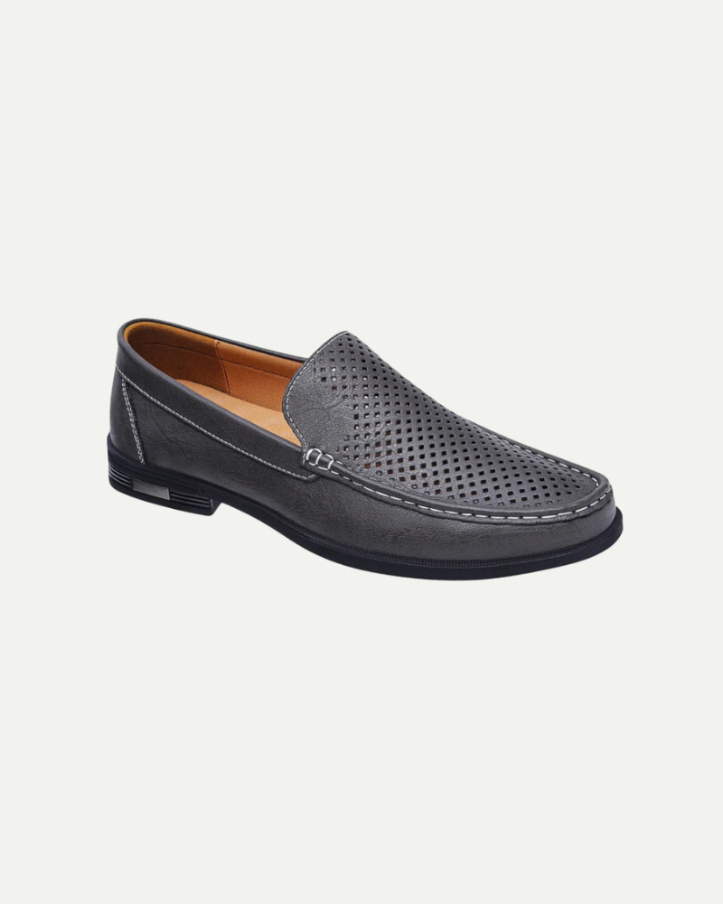 Men’s gray leather slip-on loafers with textured upper