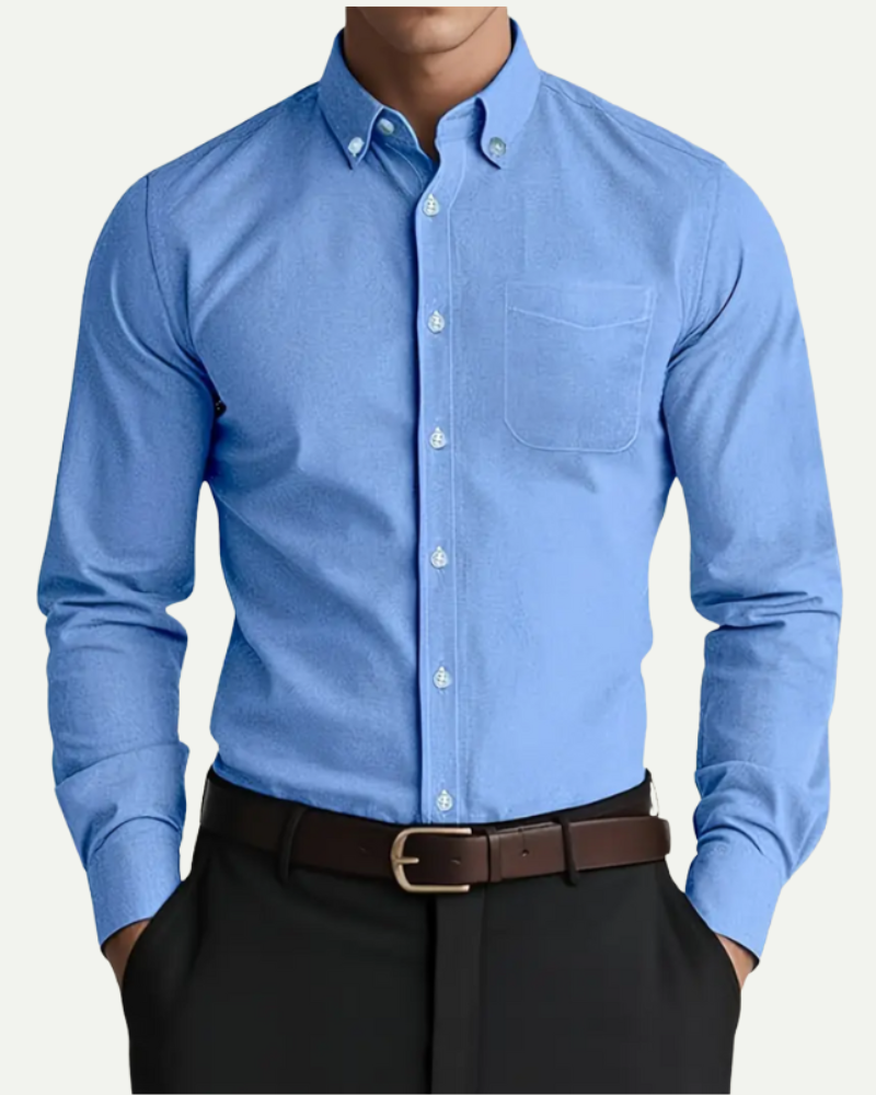 Men’s light blue linen button down shirt with stand collar