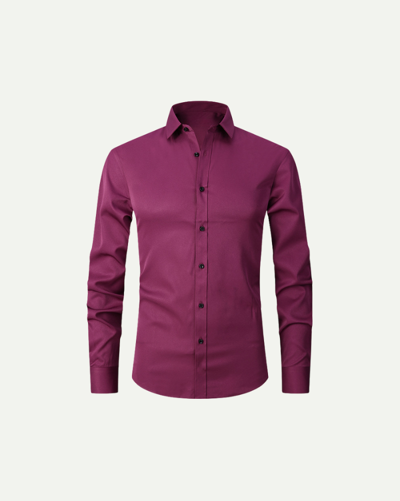 Men’s burgundy slim fit button-up dress shirt with structured collar