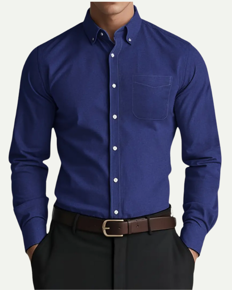 Men’s navy linen button down shirt with stand collar