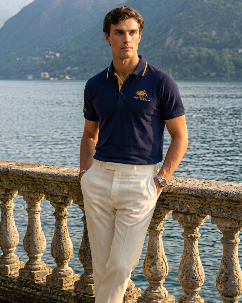 Men’s navy embroidered polo shirt styled with light trousers