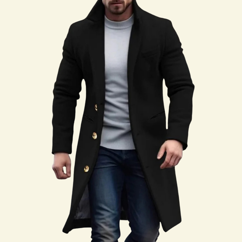 Black single breasted overcoat for men, worn open over a knit — Aveloire