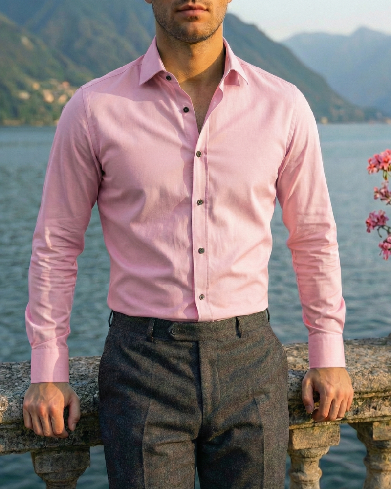 Men’s pink slim fit button-up dress shirt with structured collar