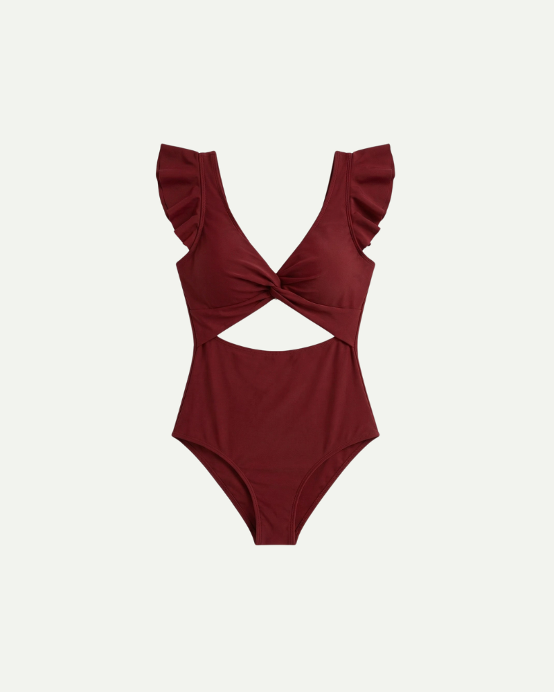 Red one piece swimsuit women backless ruffle straps tummy control swimwear