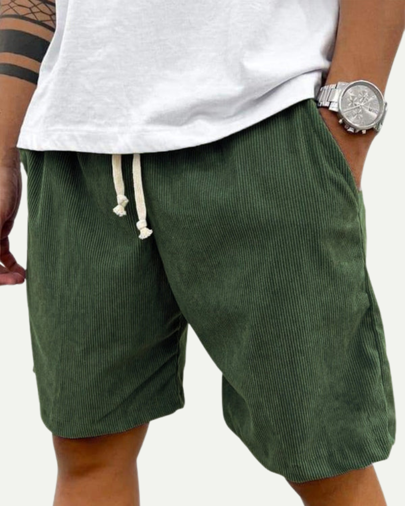 Green corduroy shorts men elastic waist straight fit casual summer shorts