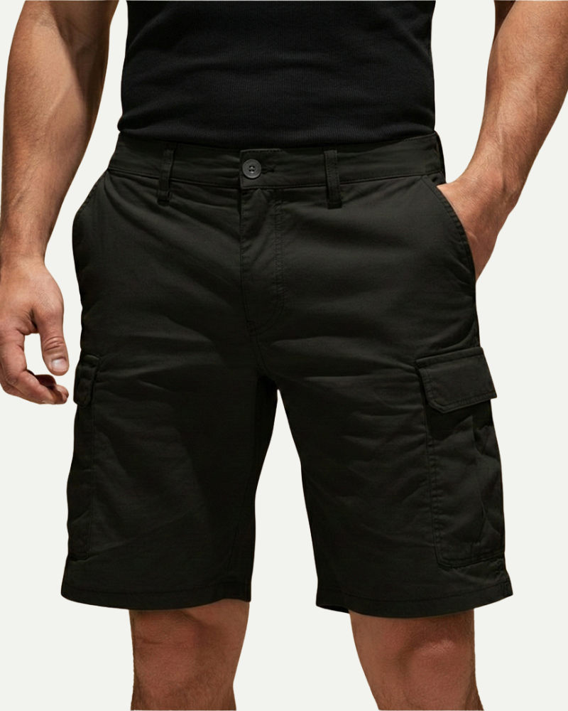 male model wearing black cargo shorts loose fit Lubomirske