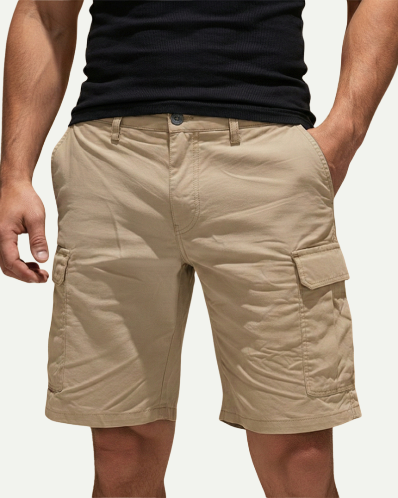 male model wearing beige cargo shorts loose fit utility style Lubomirske