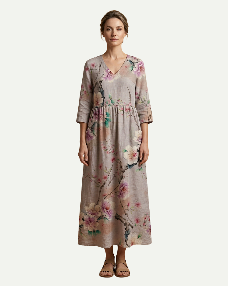 Émilie | Floral A-Line Midi Dress with Long Sleeves