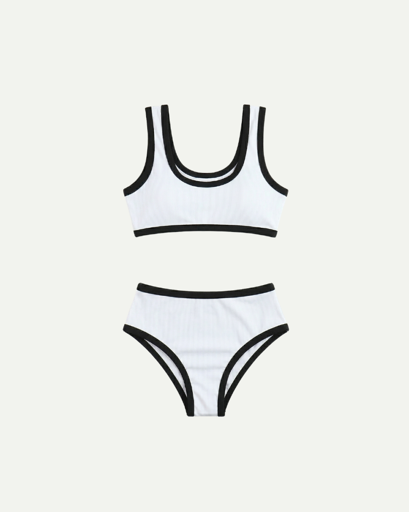back view of White ribbed high waisted bikini set women sporty top summer swimwear
