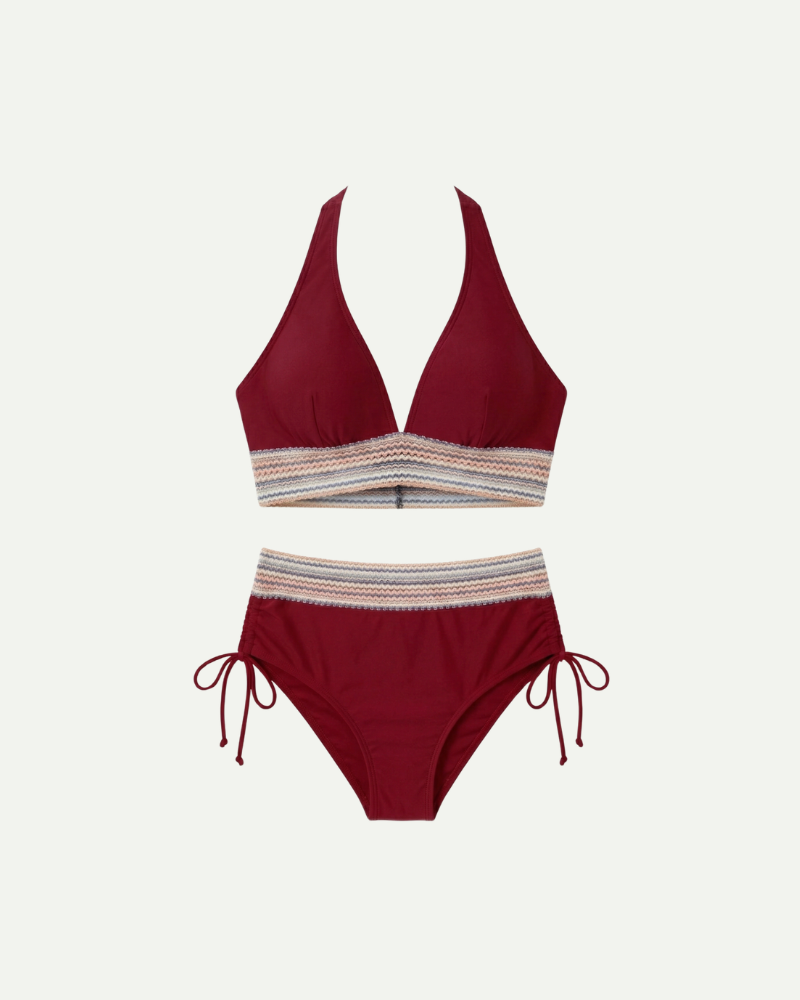 Red high waisted bikini set women adjustable straps summer swimwear