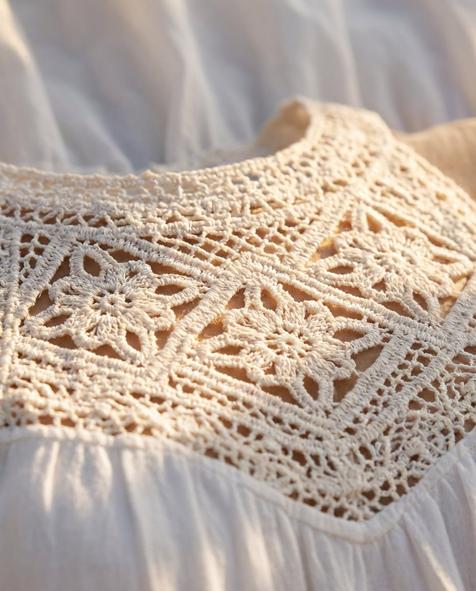 Lace detail white halter dress textured embroidery close up
