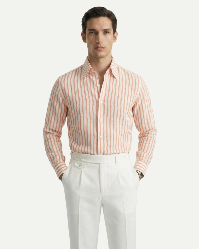 Male model wearing an orange striped linen button-up shirt with long sleeves