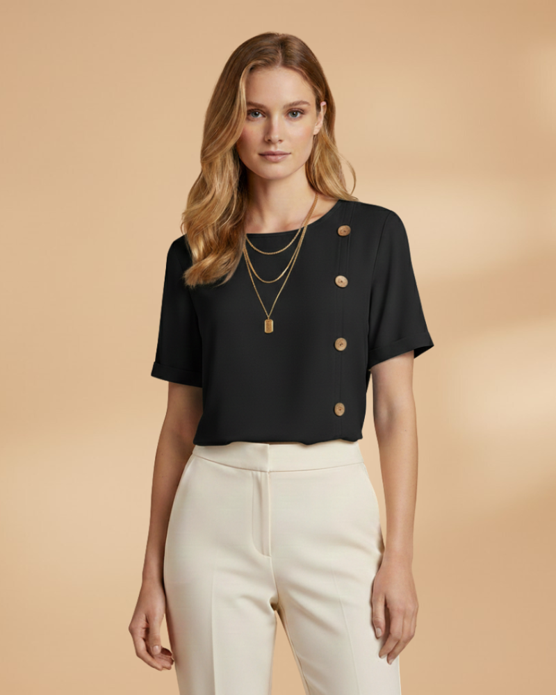 female model wearing black loose short sleeve blouse Lubomirske