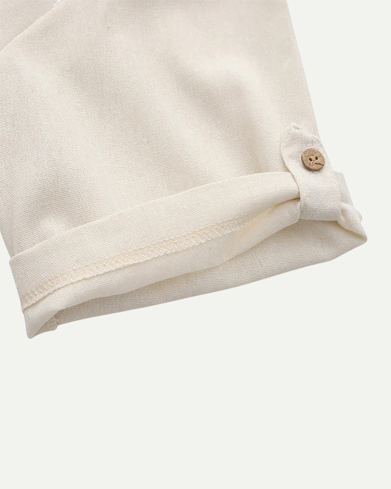 Close-up of a beige fabric with a button Men's 100% Linen short sleeve Polo Shirt