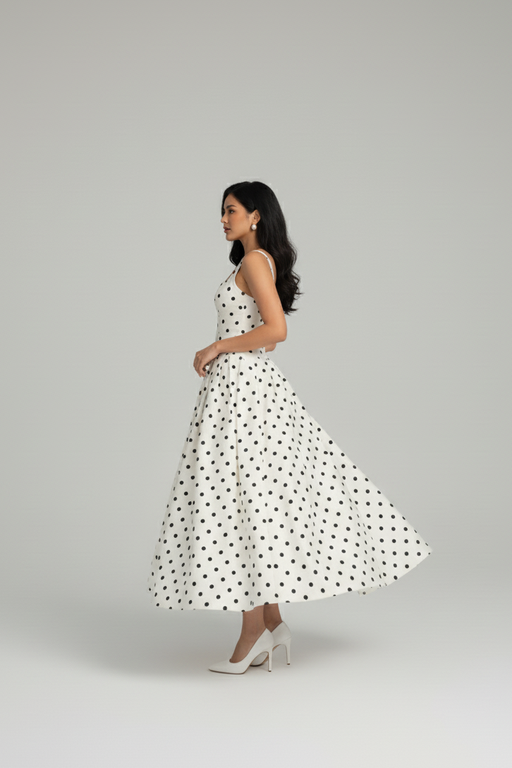 White polka dot midi dress women side view A line sleeveless elegant dress