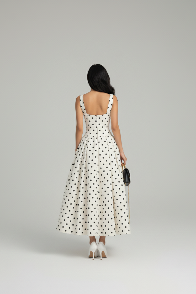 White polka dot midi dress women back view sleeveless A line summer dress
