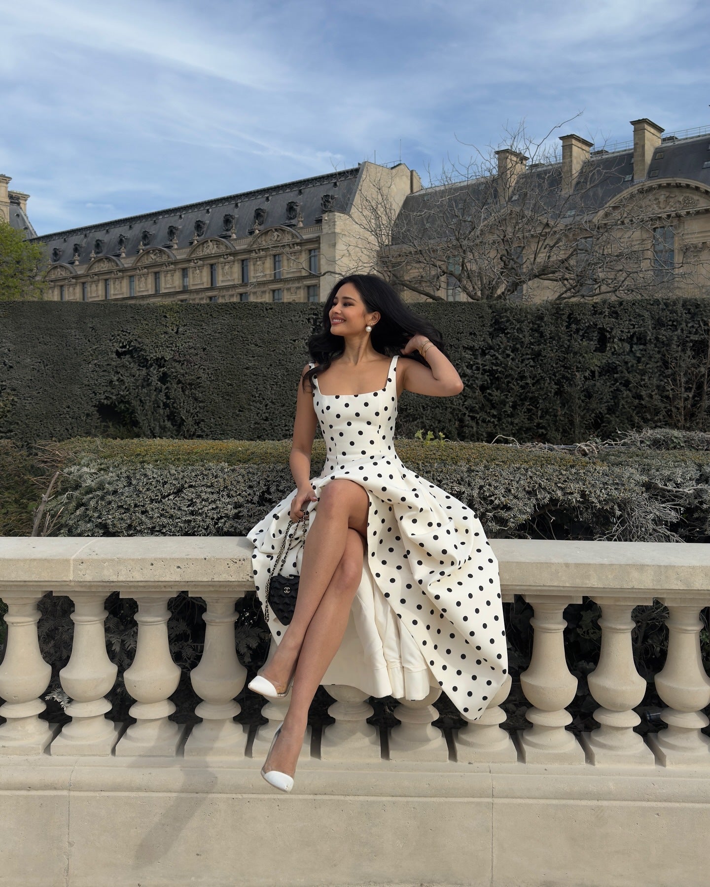 White polka dot midi dress women A line elegant outdoor summer outfit