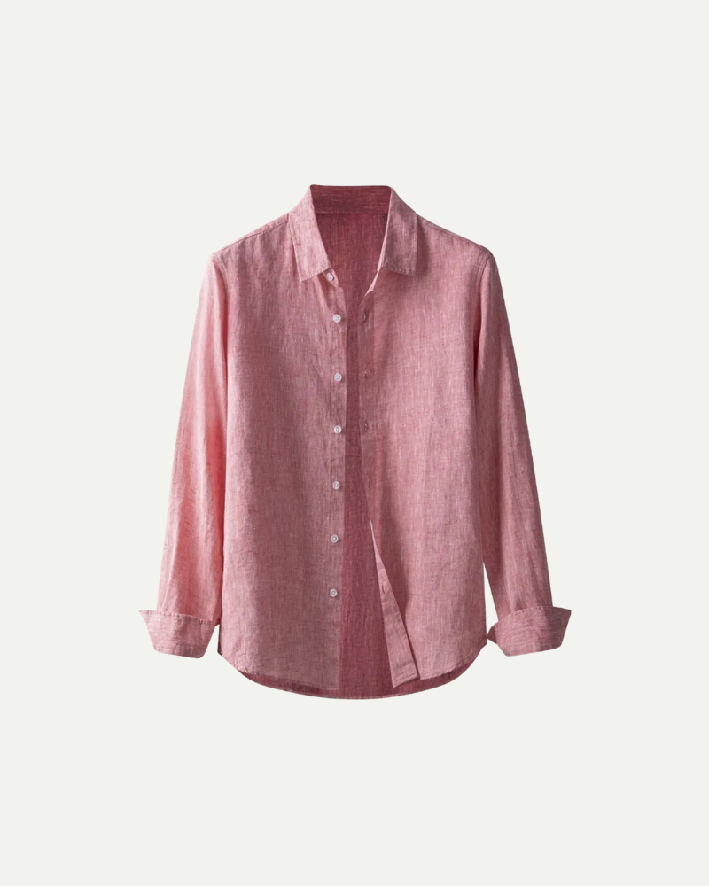 Red linen button-up shirt for men, long sleeve, front view product image