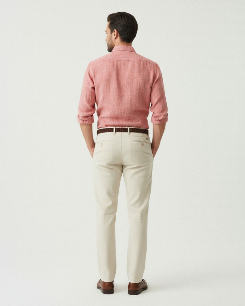 Male model wearing a red linen button-up shirt, back view