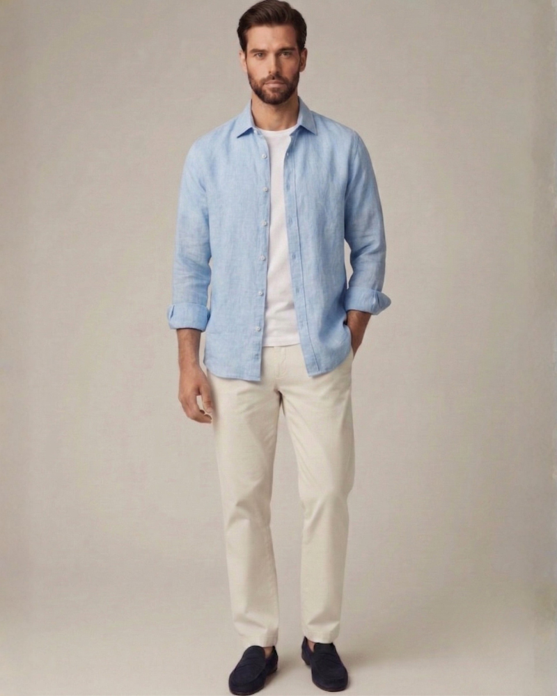 Male model wearing a light blue linen button-up shirt with beige trousers