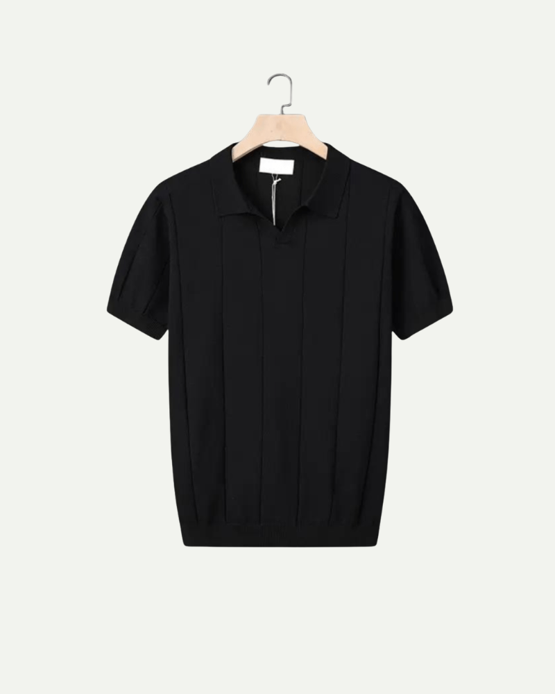 Black ribbed knit polo shirt men short sleeve classic summer polo