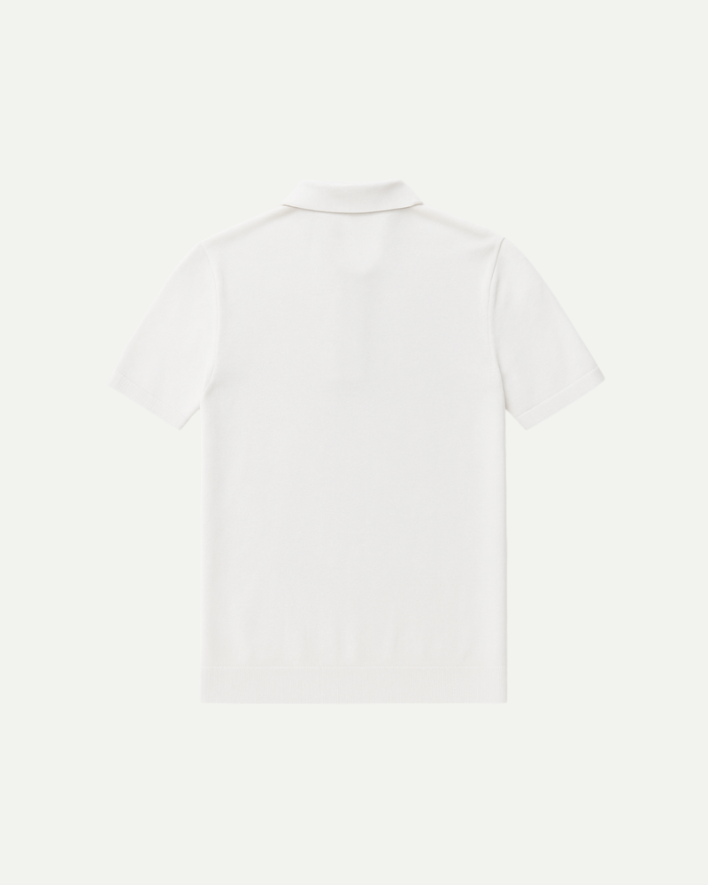 back of Men’s white cotton blend polo shirt with short sleeves and classic collar