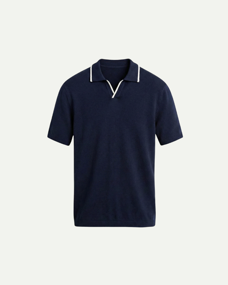 Navy men’s knit polo shirt with contrast trim and open collar, short sleeve, front view