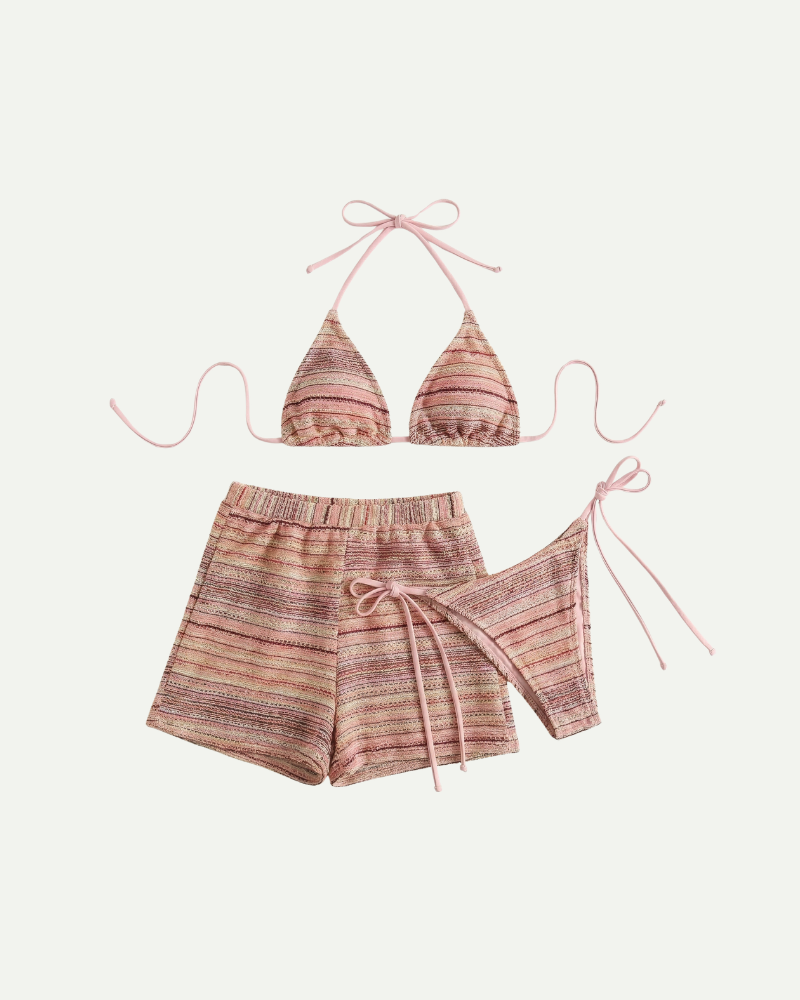Pink striped three piece bikini set women halter with shorts summer set