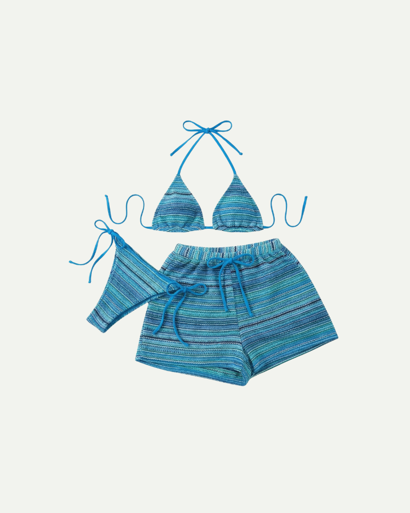Blue striped three piece bikini set women halter with shorts beachwear