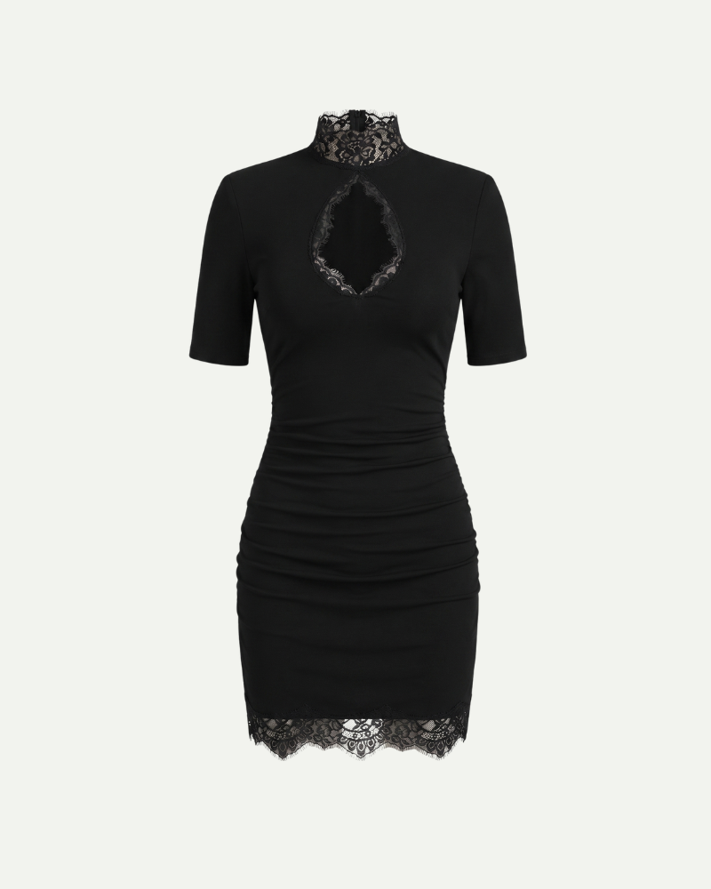 Black lace high neck mini dress women short sleeve slim fit front view product image
