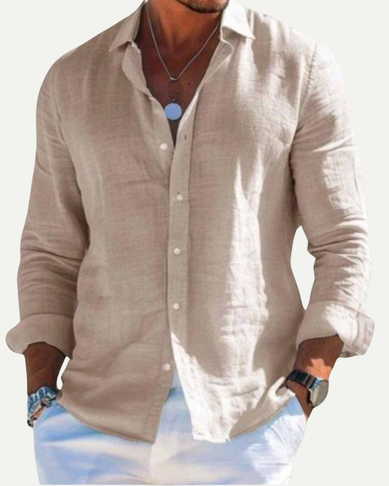 Beige men long sleeve button up shirt relaxed fit breathable cotton blend outfit