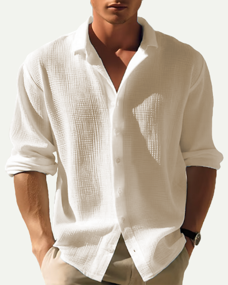 Men’s beige waffle cotton button up shirt relaxed fit worn on model
