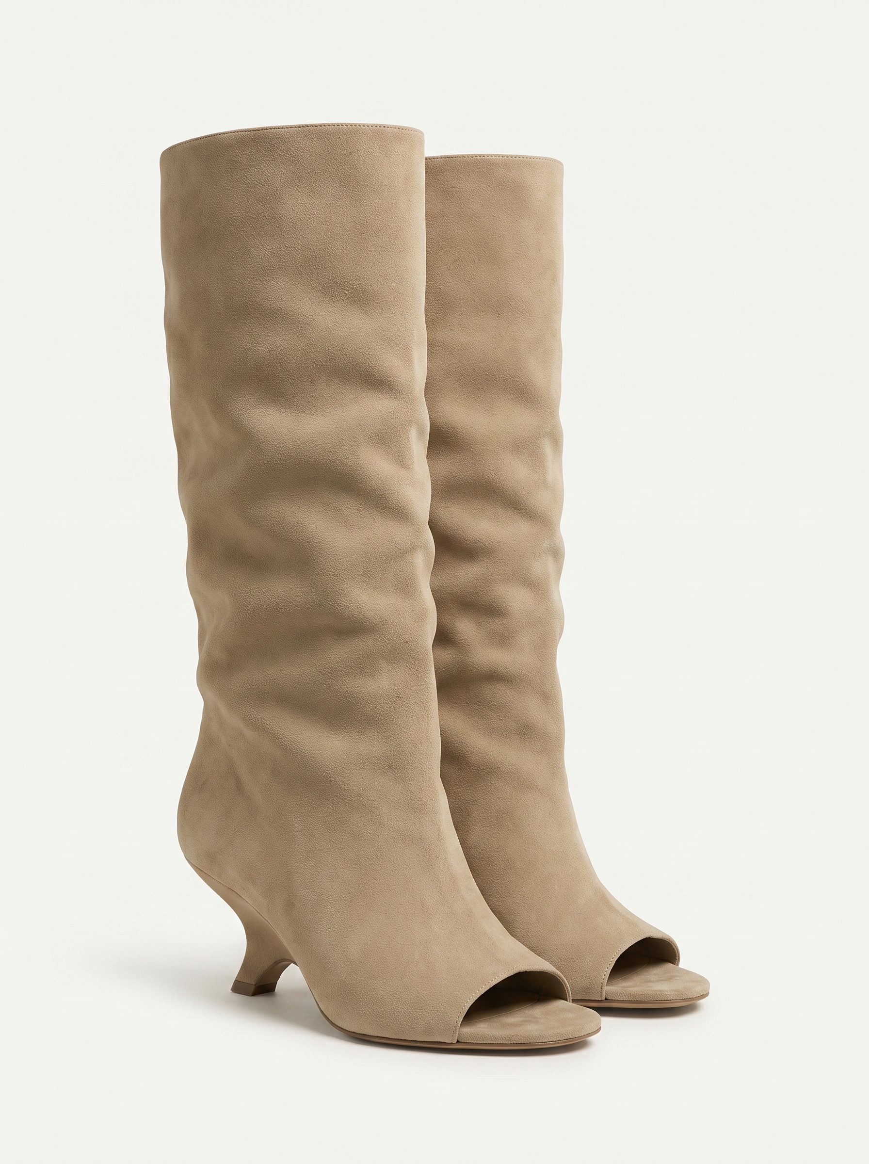 Sand beige peep toe knee high boots for women, slouch shaft and wedge heel — Aveloire