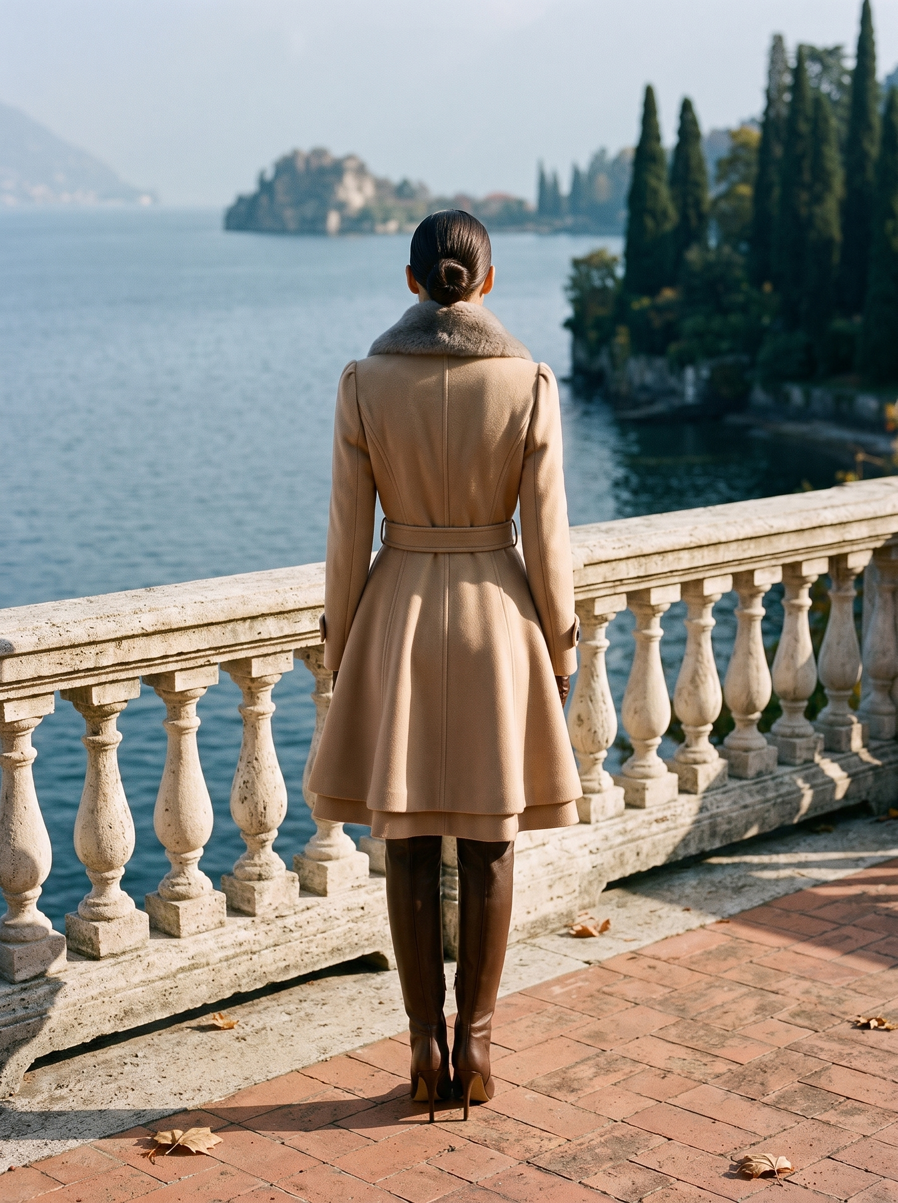 Camel faux fur collar coat for women, back view — Aveloire