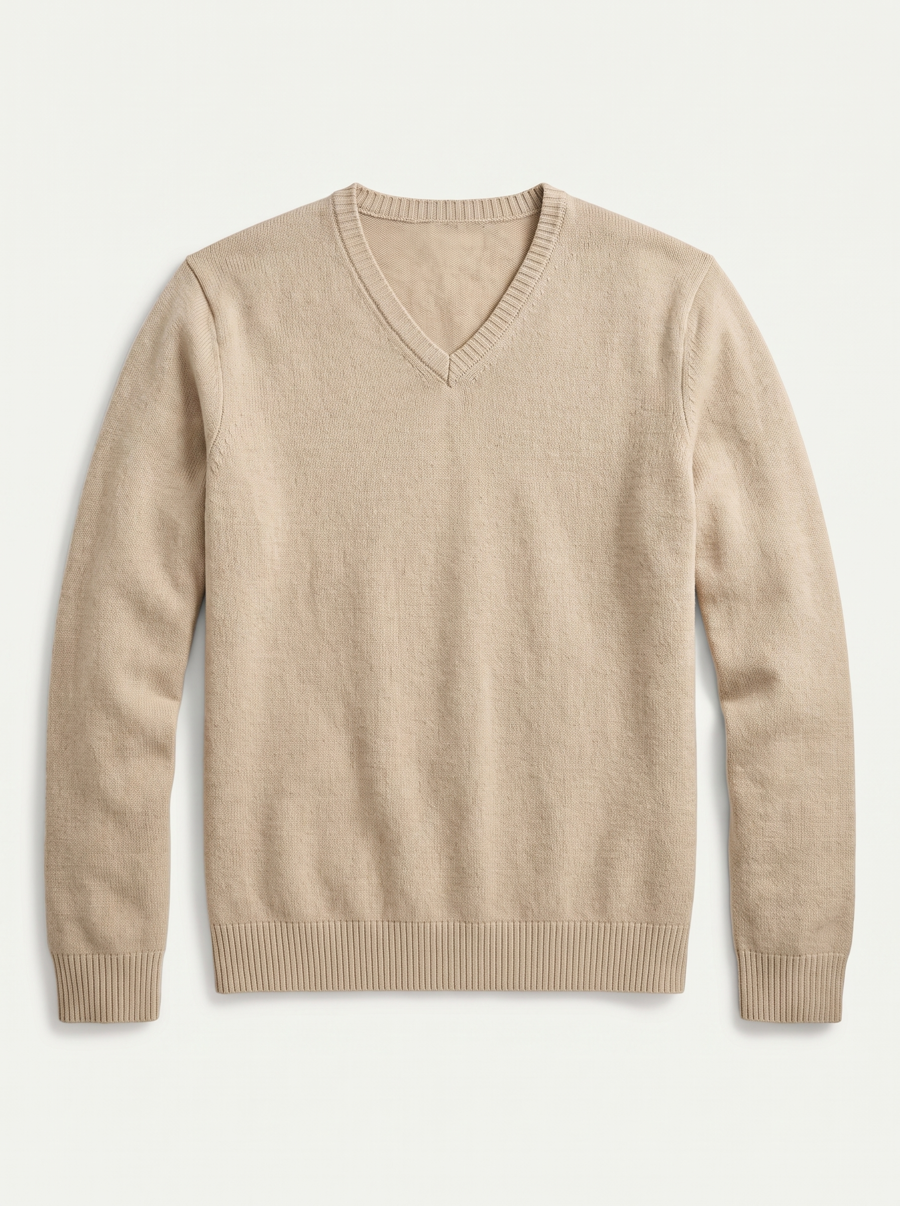 Beige wool v neck sweater for men, flat lay — Aveloire