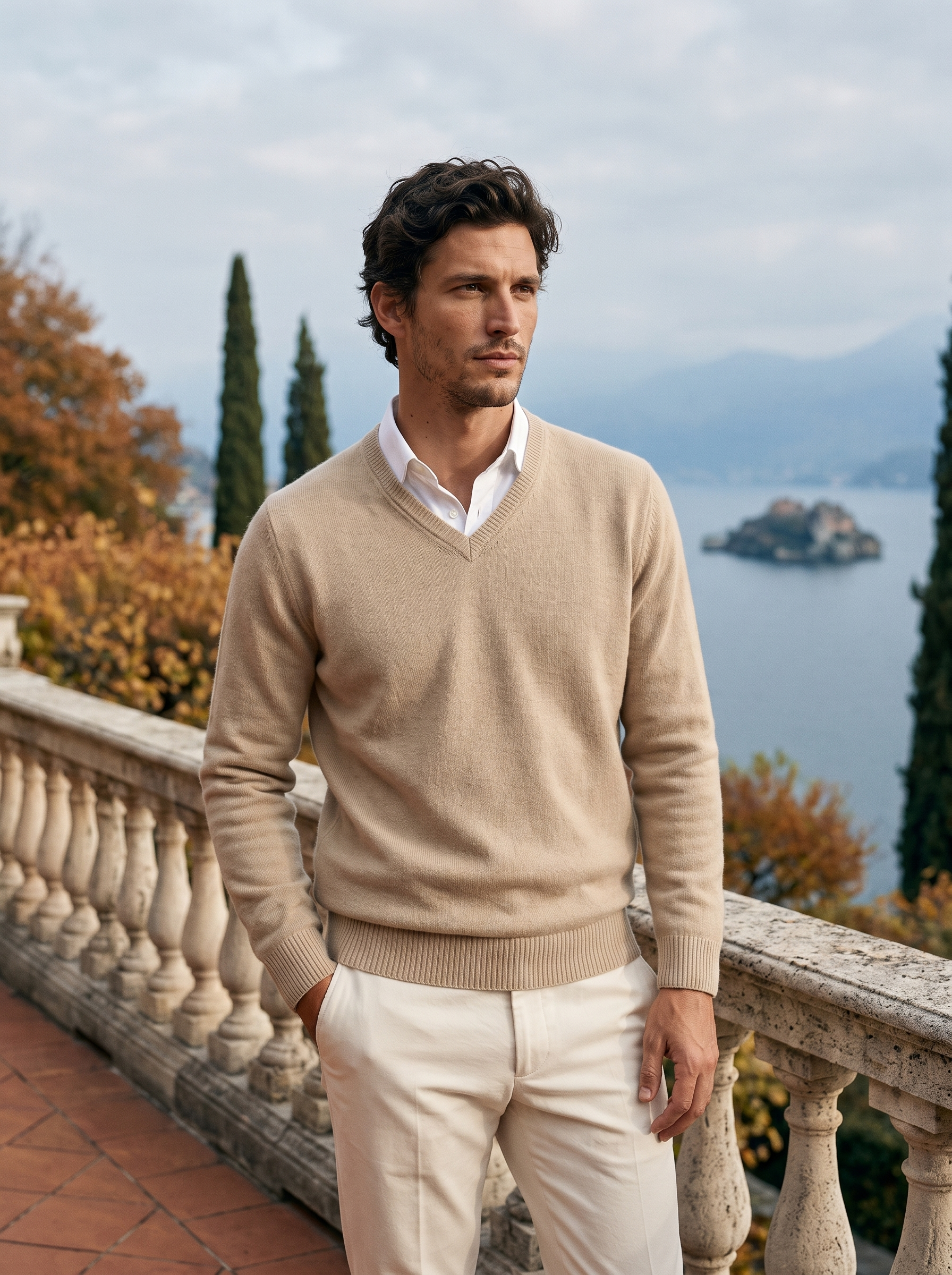 Beige wool v neck sweater for men, full length front view — Aveloire
