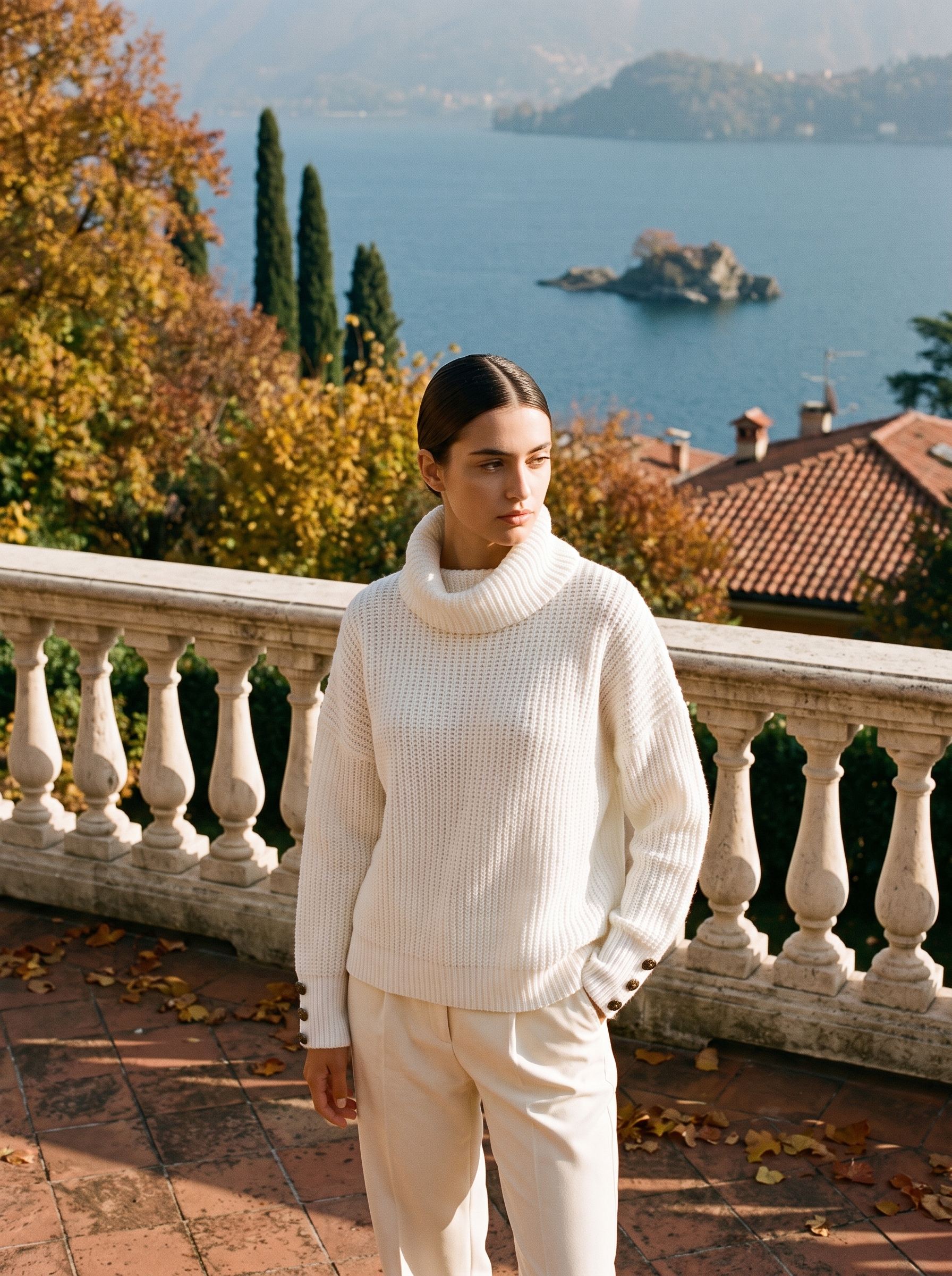 White oversized chunky knit turtleneck sweater with cowl neck, front view - Aveloire
