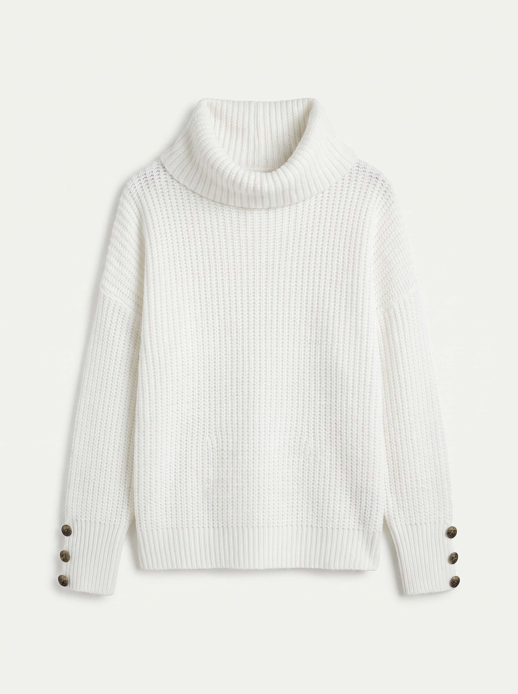 White oversized chunky knit turtleneck sweater flat lay product photo - Aveloire