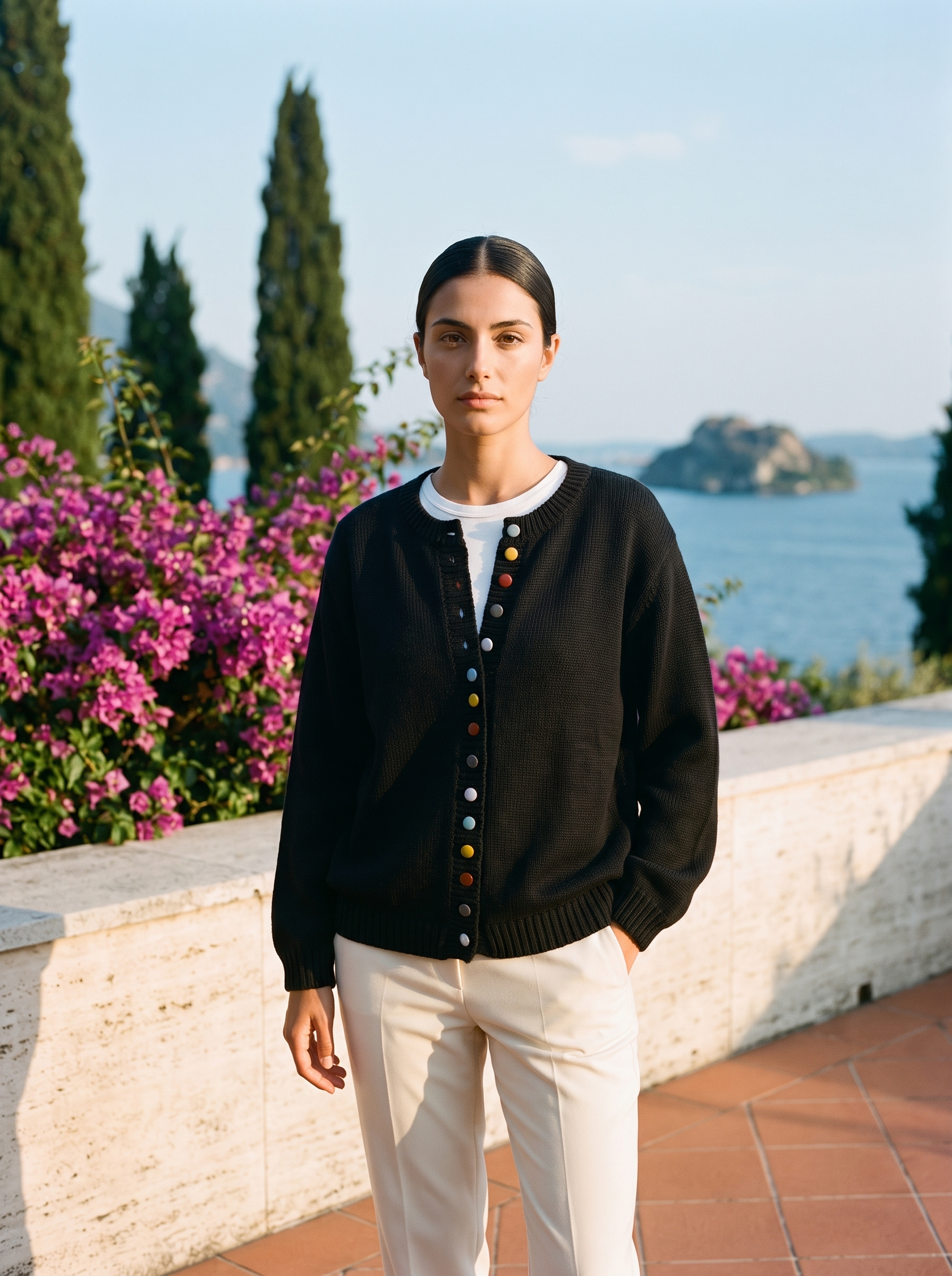Black button cardigan, full body front view on a Lake Como terrace — Aveloire