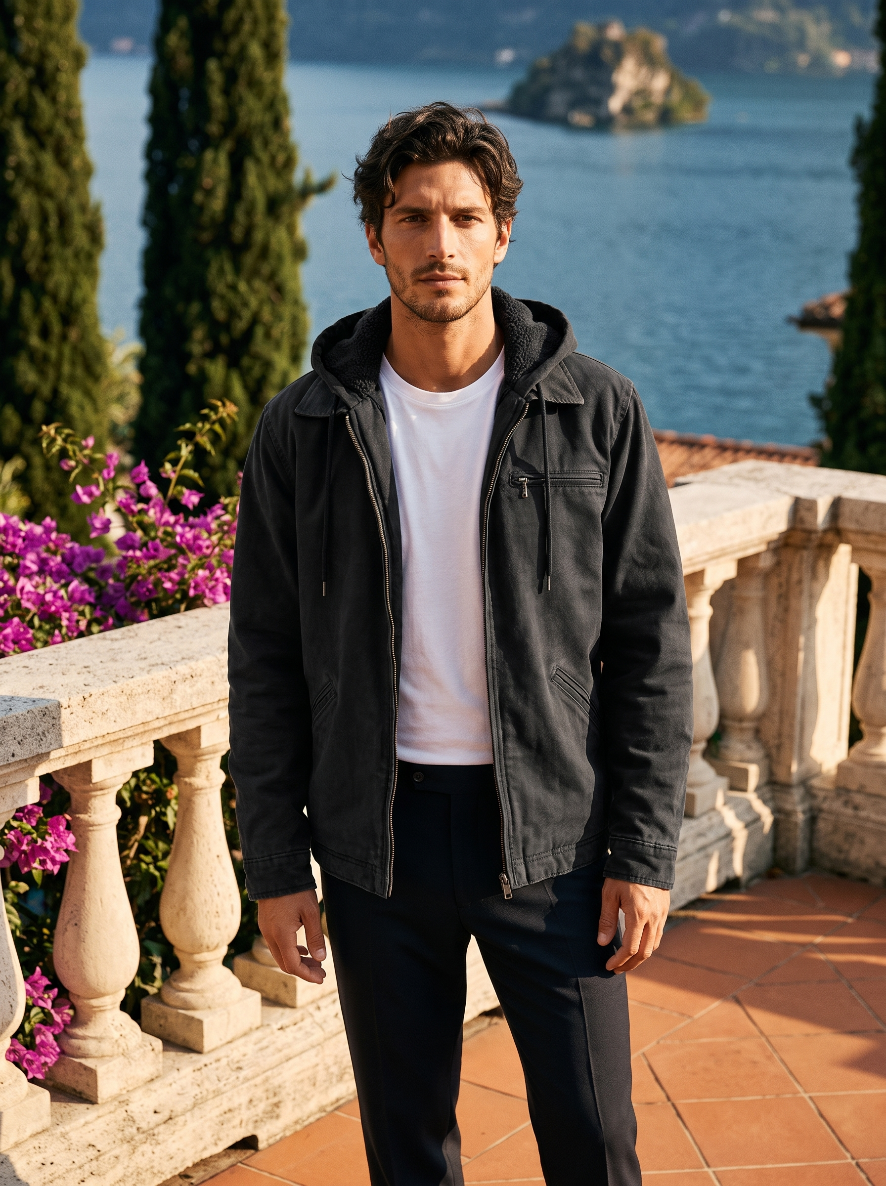 Man wearing a black hooded canvas jacket, full-length front view on a Lake Como terrace, old money style — Aveloire