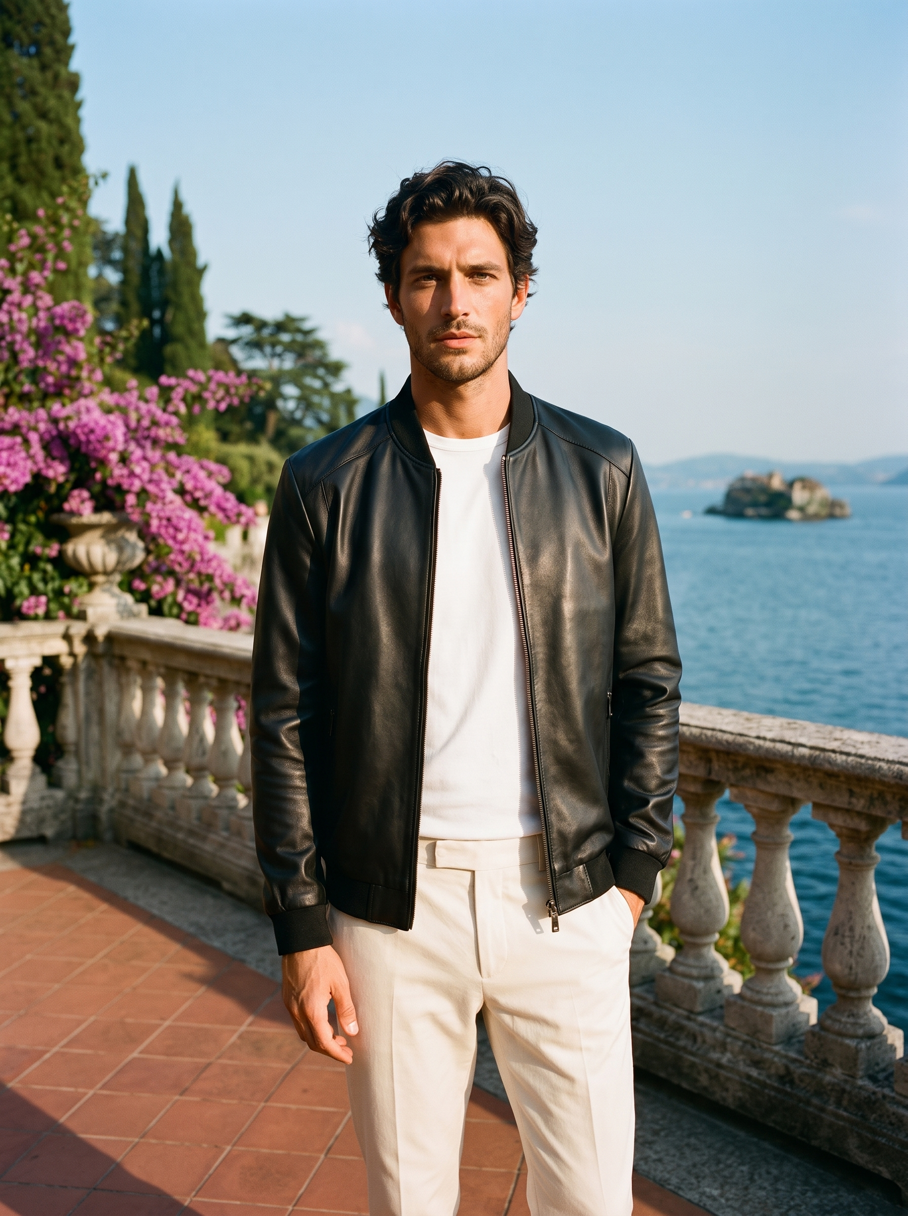 Black leather bomber jacket full body front view — Aveloire