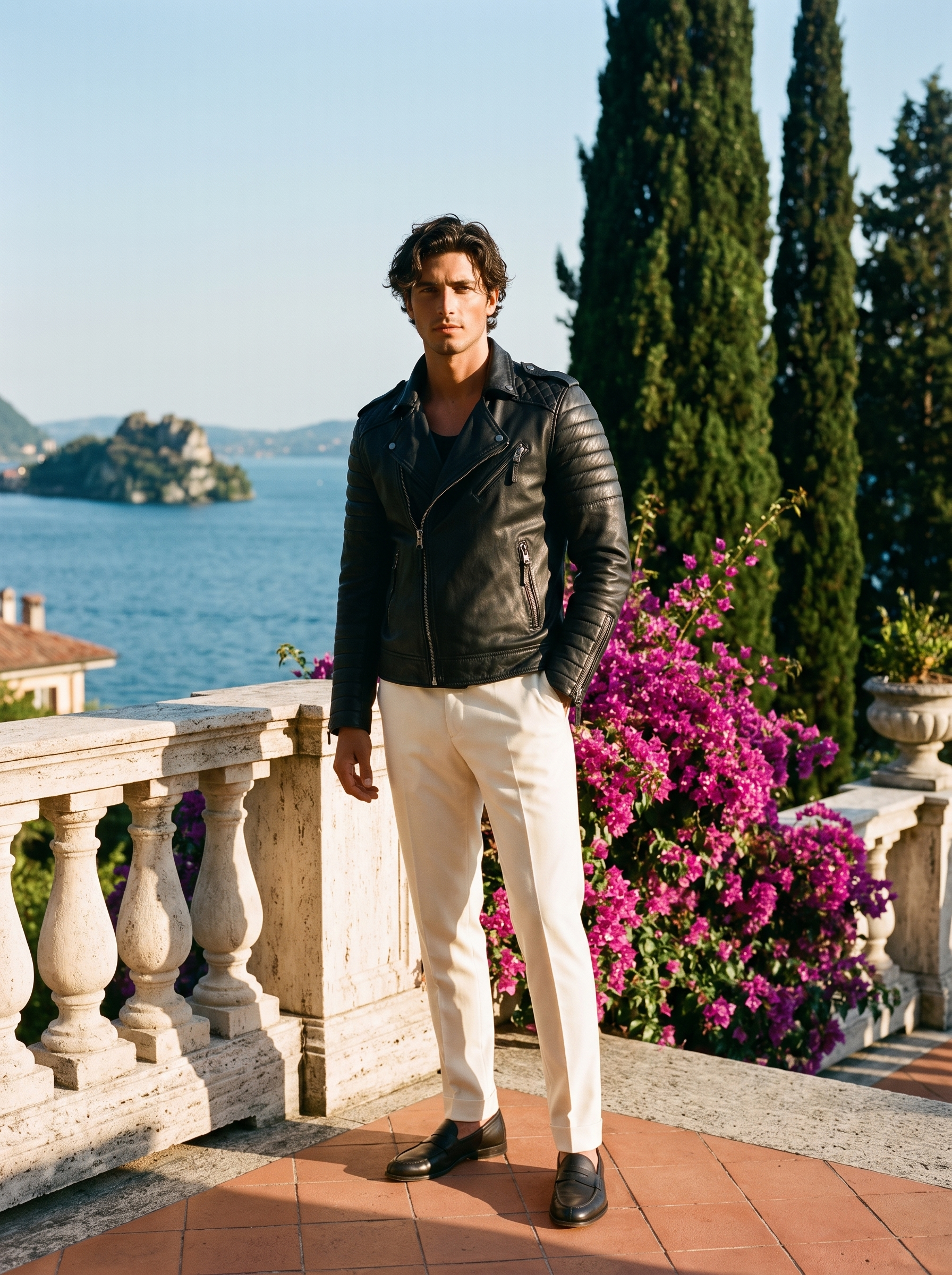 Black slim fit biker jacket full body front view — Aveloire