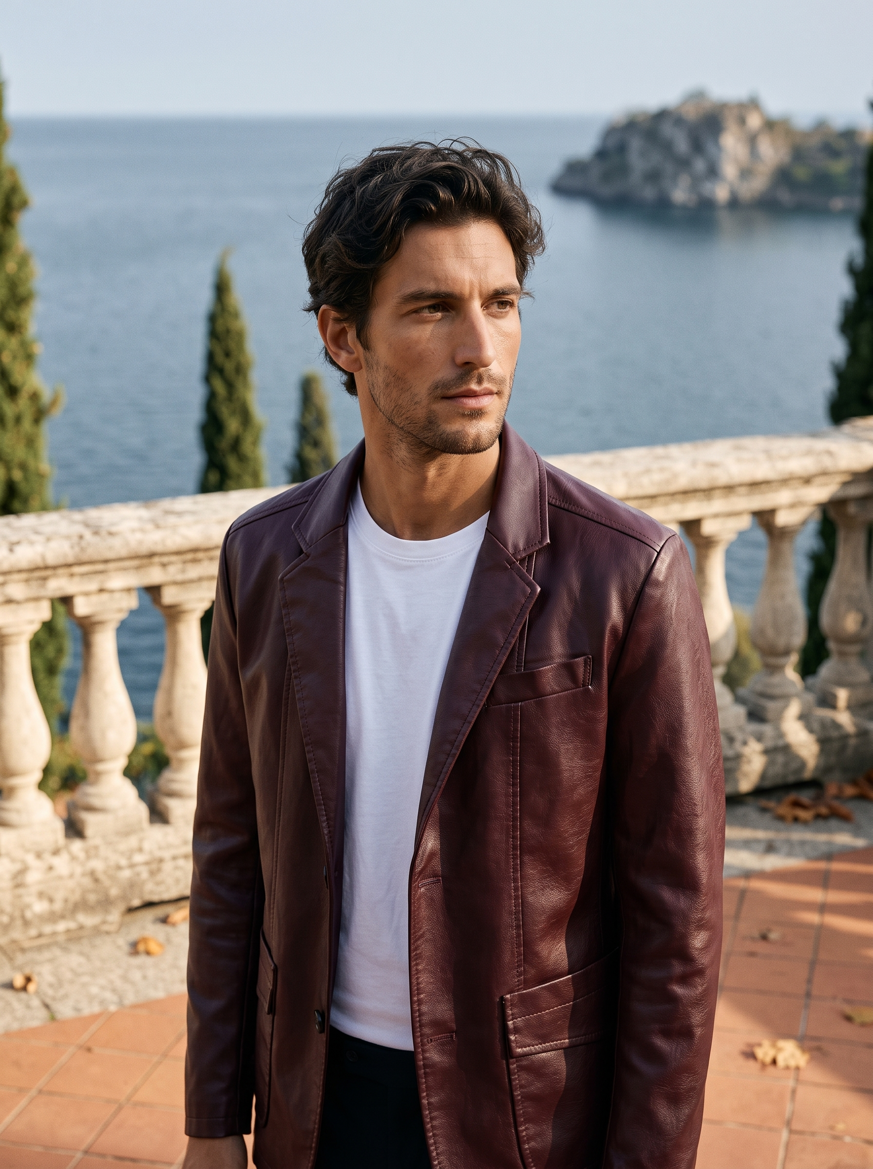 Burgundy leather blazer jacket for men, worn on a Lake Como terrace — Aveloire