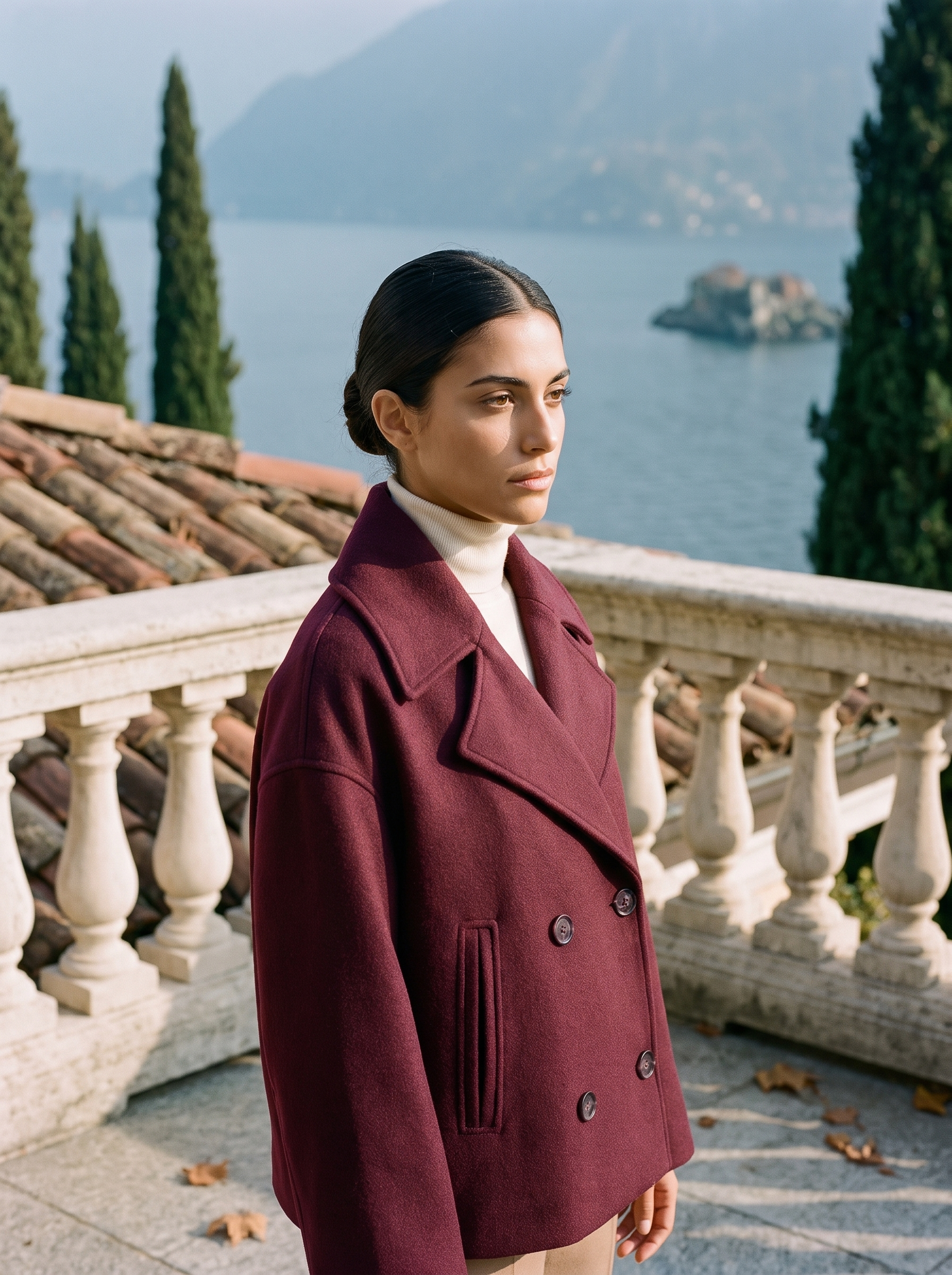 Burgundy cropped peacoat for women, worn on a Lake Como terrace — Aveloire