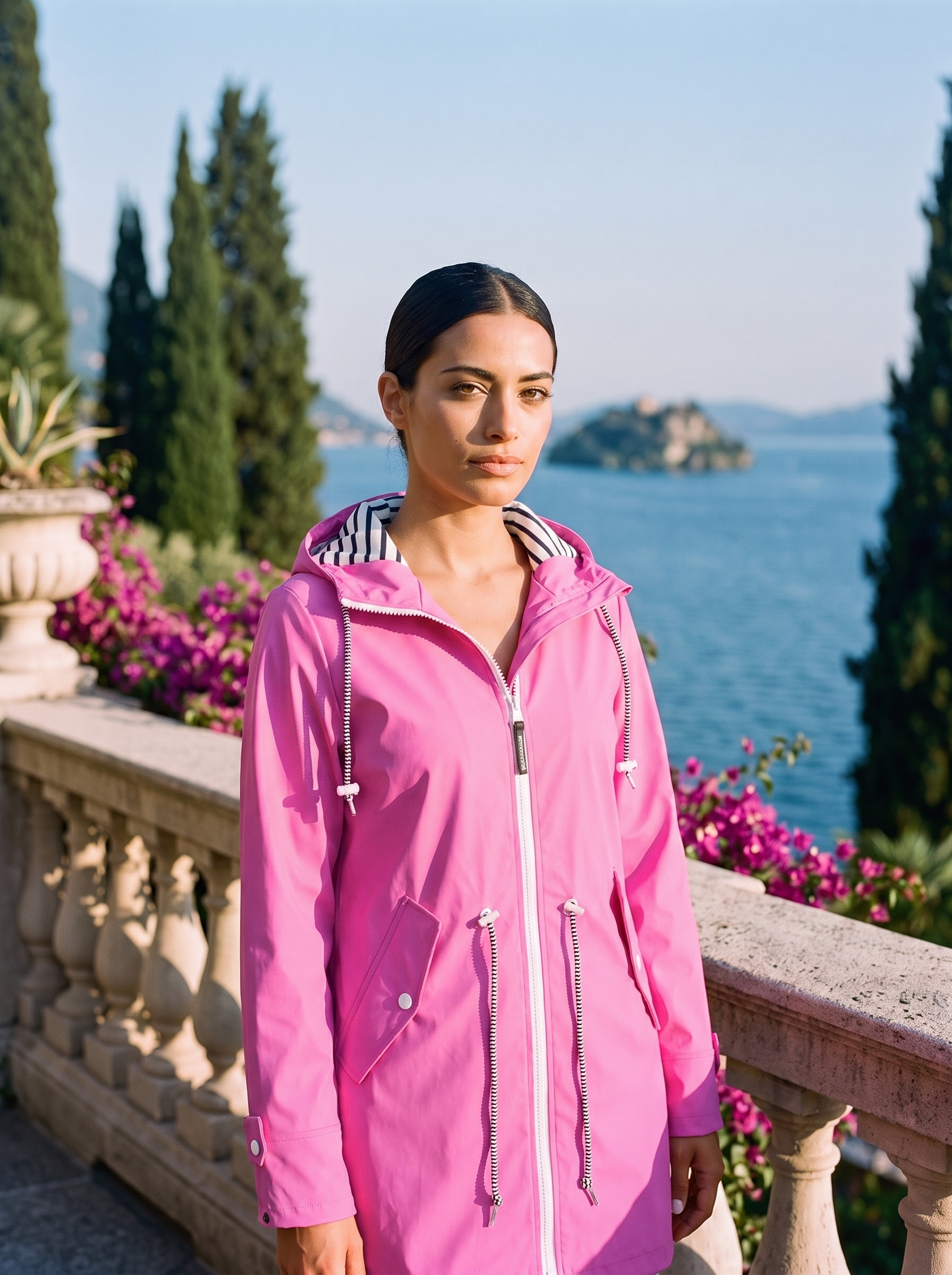 Bright pink hooded waterproof rain jacket, full body front view — Aveloire