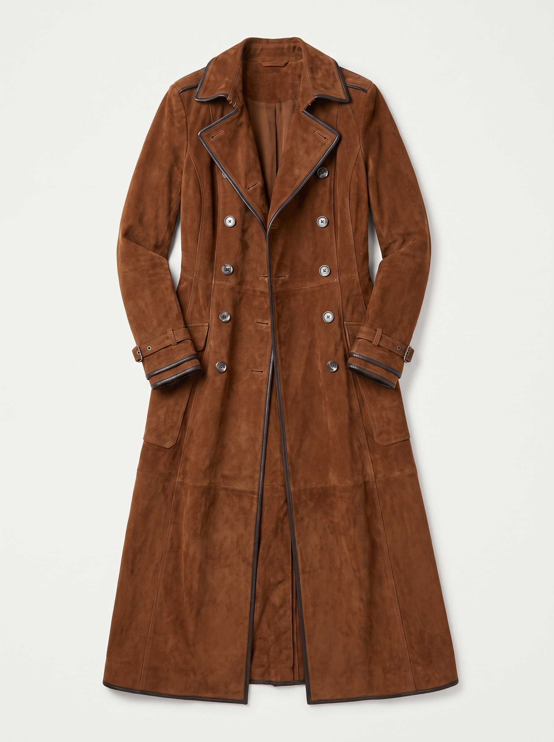 Cognac brown suede double-breasted trench coat flat lay