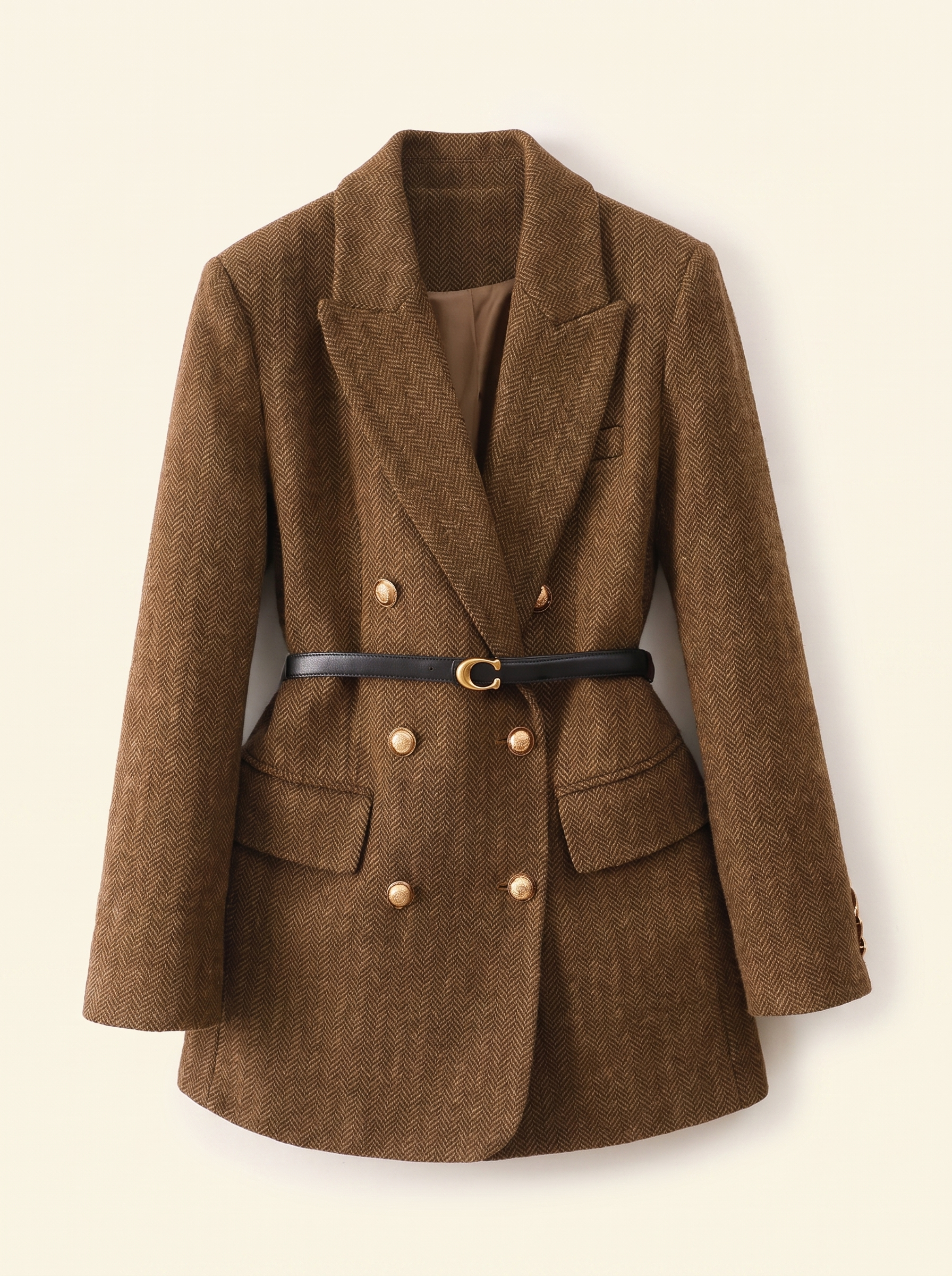 Brown herringbone tweed double-breasted blazer flat lay product photo — Laurène by Aveloire